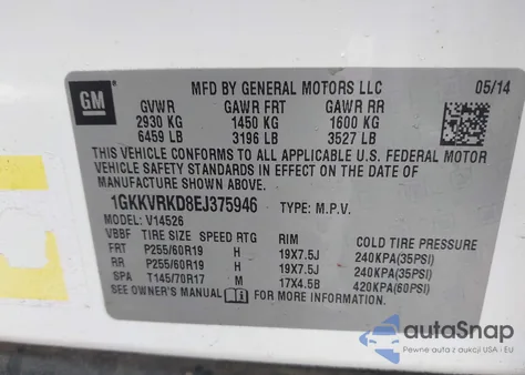 2014 GMC Acadia Slt-1 z USA, uszkodzony, nr VIN 1GKKVRKD8EJ375946